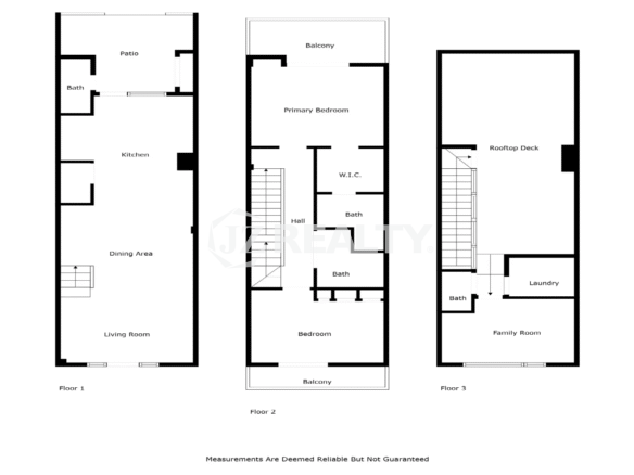 Three-level floorplan of a Porta al Sole luxury townhouse showing the layout of Floor 1 (Living, Dining, Kitchen), Floor 2 (Bedrooms), and Floor 3 (Family Room, Rooftop Deck).