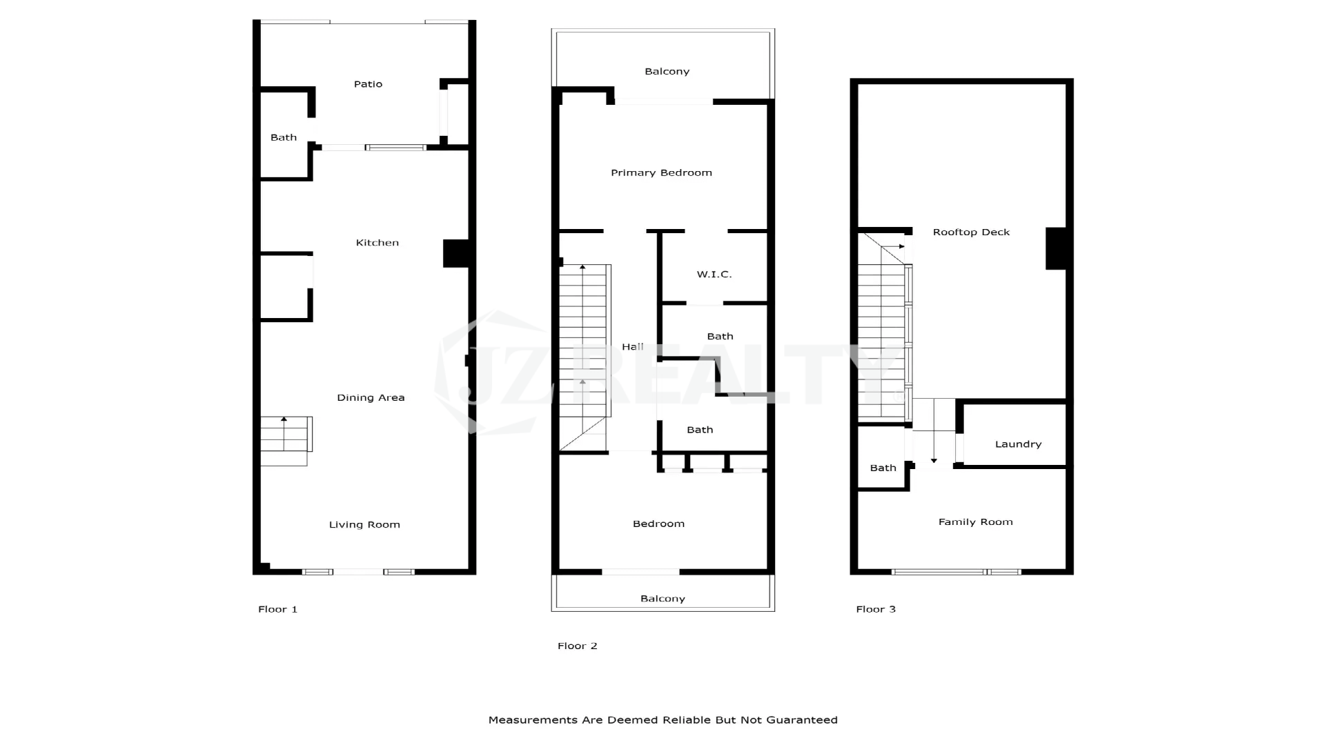 Three-level floorplan of a Porta al Sole luxury townhouse showing the layout of Floor 1 (Living, Dining, Kitchen), Floor 2 (Bedrooms), and Floor 3 (Family Room, Rooftop Deck).