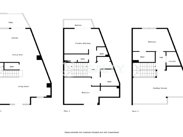 Architectural floor plan for Porta al Sole Unit 12 showing three levels: Floor 1 (Living, Dining, Kitchen, Bath), Floor 2 (Primary Bedroom, Bedroom, Baths, Balcony), and Floor 3 (Bedroom, Bath, Laundry, Rooftop Terrace).
