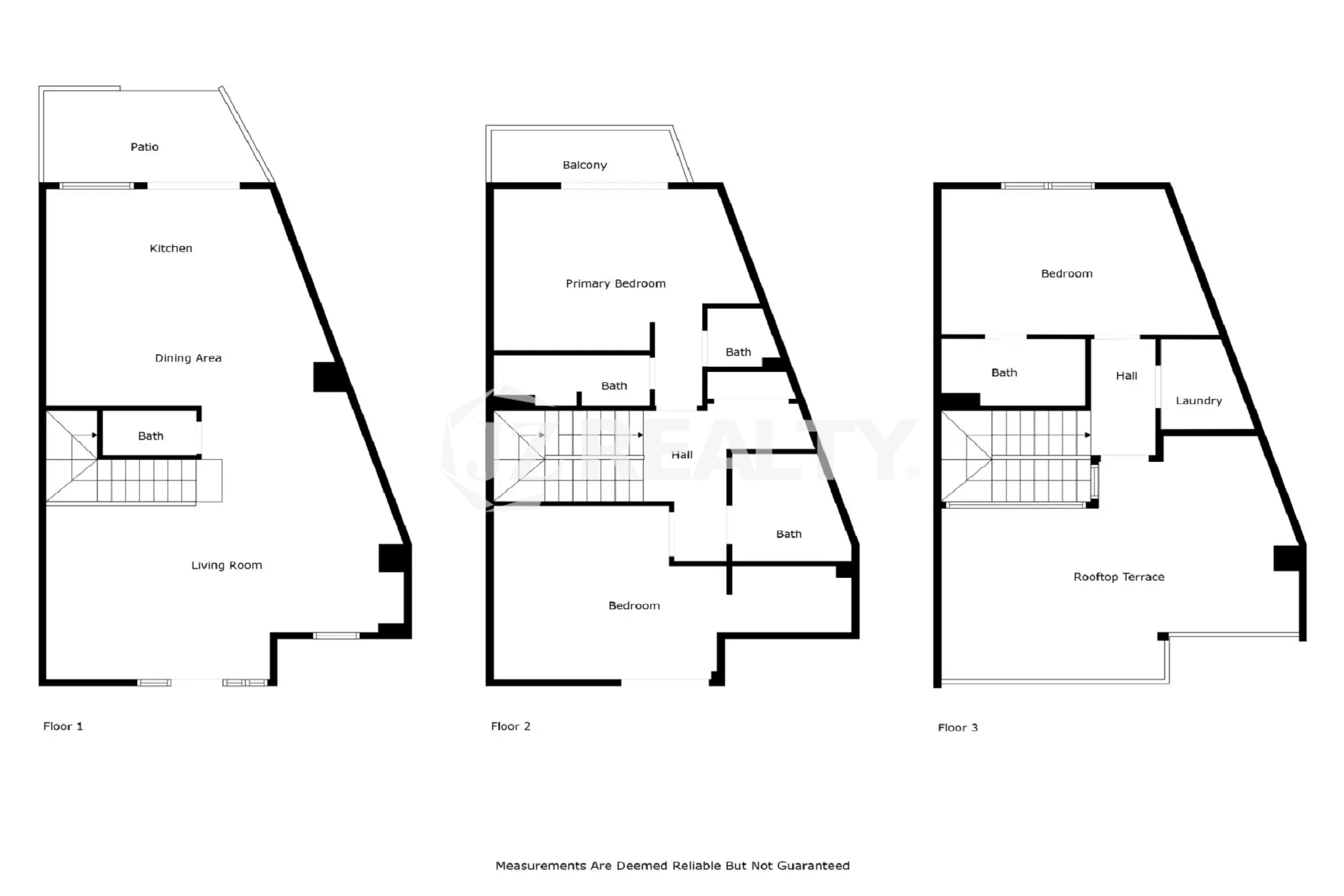 Architectural floor plan for Porta al Sole Unit 12 showing three levels: Floor 1 (Living, Dining, Kitchen, Bath), Floor 2 (Primary Bedroom, Bedroom, Baths, Balcony), and Floor 3 (Bedroom, Bath, Laundry, Rooftop Terrace).