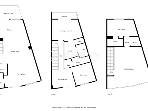 Three-level floor plan diagram for Porta al Sole Unit 13 showing the layout of Floor 1 (Kitchen, Living, Dining, Patio), Floor 2 (Bedrooms, Baths, Hall), and Floor 3 (Bedroom, Rooftop Deck).