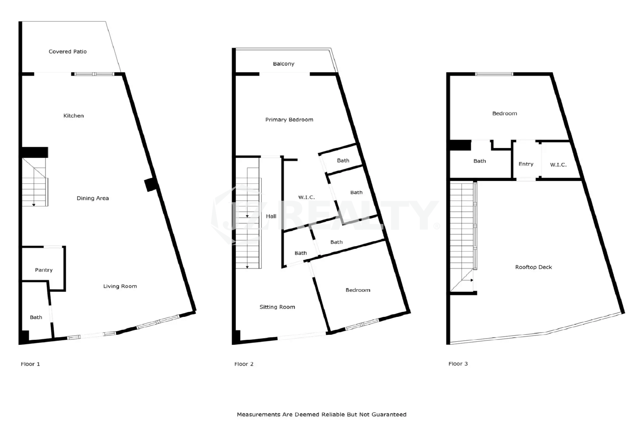 Three-level floor plan diagram for Porta al Sole Unit 13 showing the layout of Floor 1 (Kitchen, Living, Dining, Patio), Floor 2 (Bedrooms, Baths, Hall), and Floor 3 (Bedroom, Rooftop Deck).