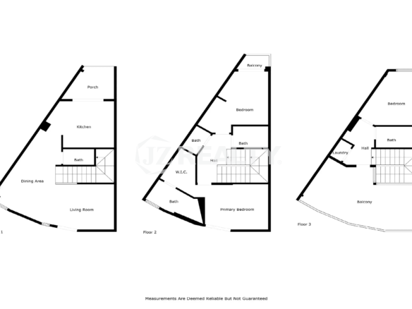 Floor plan diagram for Porta al Sole Unit 14 showing three levels with dining, kitchen, living room, laundry, three bedrooms, and balconies.