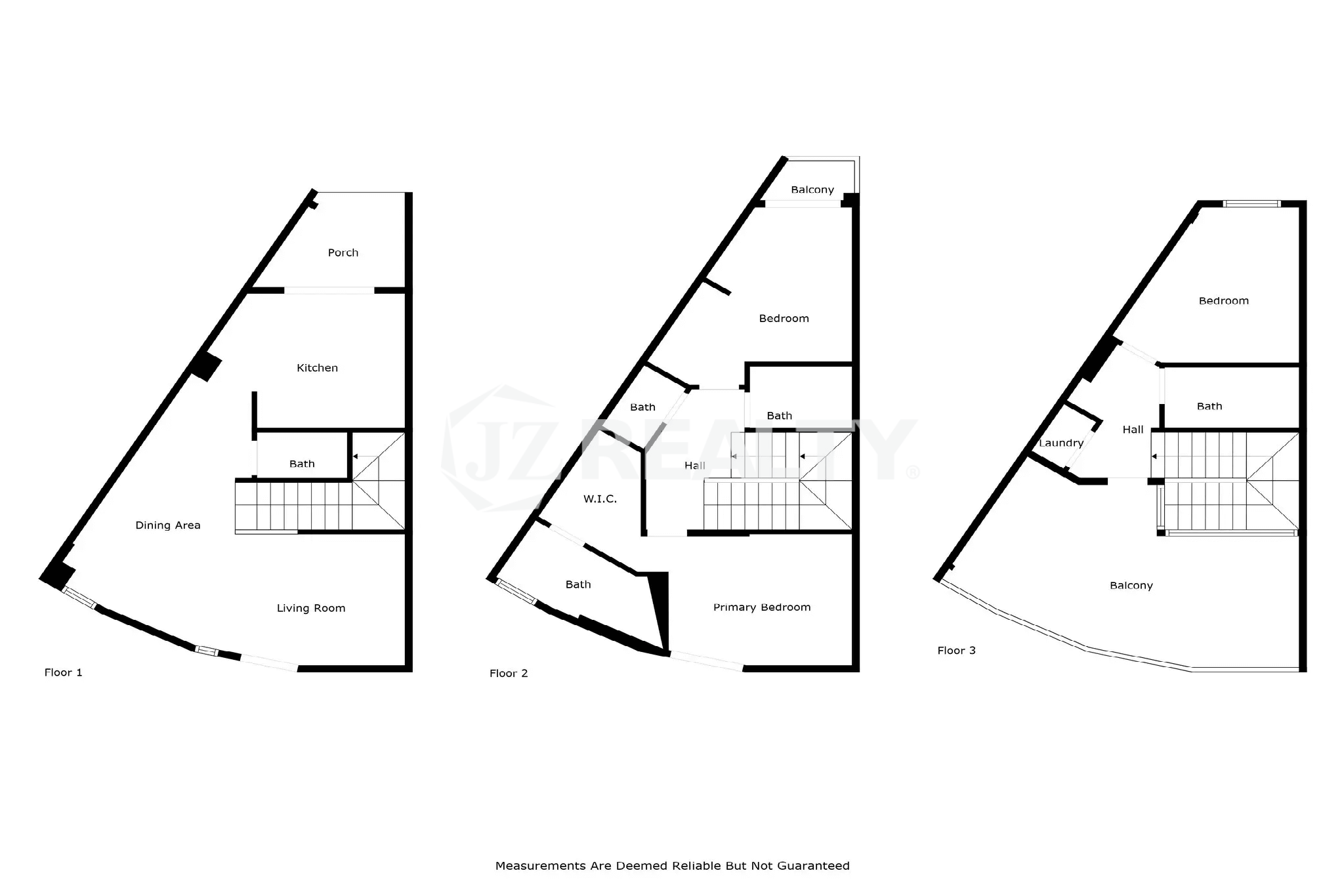 Floor plan diagram for Porta al Sole Unit 14 showing three levels with dining, kitchen, living room, laundry, three bedrooms, and balconies.