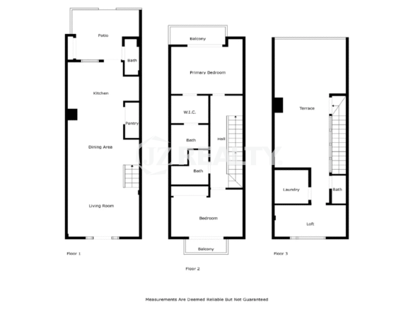 Black and white floorplan diagram showing the three levels of Porta al Sole Unit 15: Floor 1 (Living, Kitchen, Patio), Floor 2 (Bedrooms, Baths, Walk-in-Closet), and Floor 3 (Loft, Laundry, Terrace).
