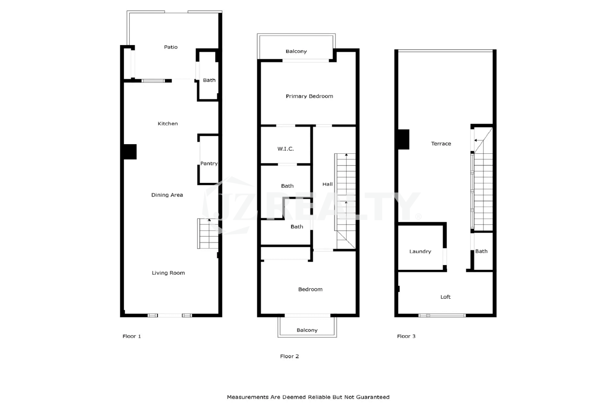 Black and white floorplan diagram showing the three levels of Porta al Sole Unit 15: Floor 1 (Living, Kitchen, Patio), Floor 2 (Bedrooms, Baths, Walk-in-Closet), and Floor 3 (Loft, Laundry, Terrace).