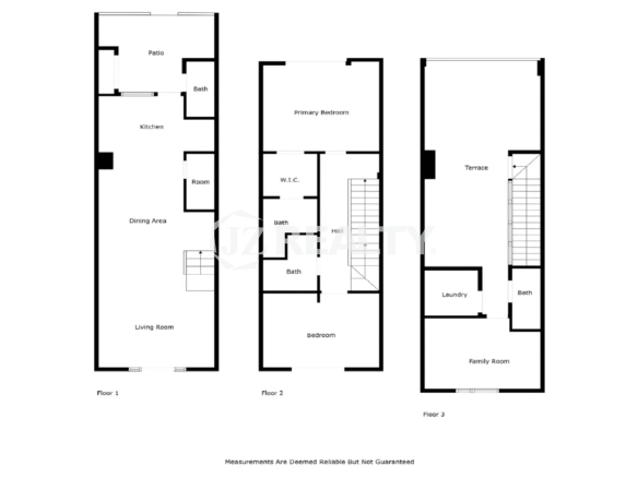A black and white floor plan diagram detailing the three levels: Floor 1 (Living, Dining, Kitchen, Patio), Floor 2 (Primary Bedroom, Bath, Bedroom), and Floor 3 (Family Room, Terrace, Laundry).