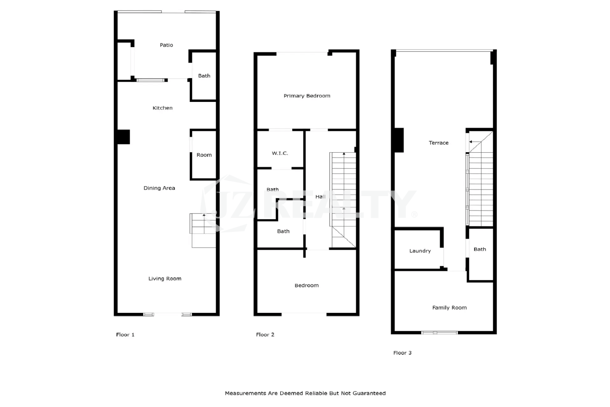 A black and white floor plan diagram detailing the three levels: Floor 1 (Living, Dining, Kitchen, Patio), Floor 2 (Primary Bedroom, Bath, Bedroom), and Floor 3 (Family Room, Terrace, Laundry).