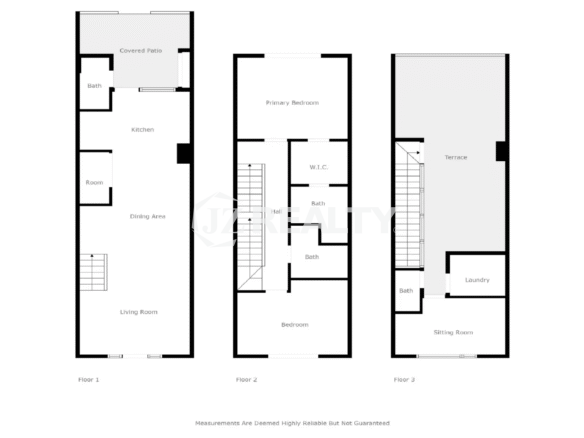 Floor plan diagram for Porta al Sole Unit 18, showing the layout for Floor 1 (Living Room, Kitchen, Dining Area, Covered Patio), Floor 2 (Primary Bedroom, W.I.C., Bedroom), and Floor 3 (Terrace, Sitting Room, Laundry).