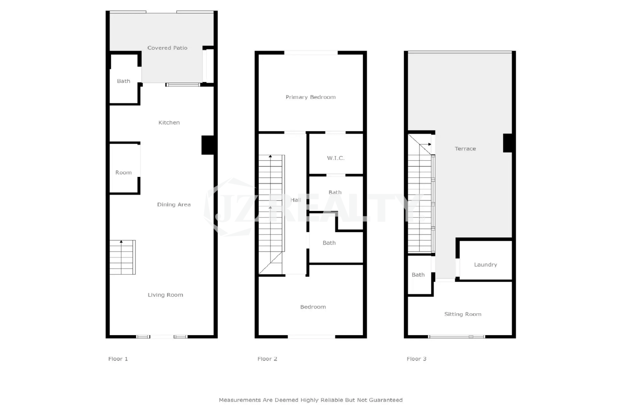 Floor plan diagram for Porta al Sole Unit 18, showing the layout for Floor 1 (Living Room, Kitchen, Dining Area, Covered Patio), Floor 2 (Primary Bedroom, W.I.C., Bedroom), and Floor 3 (Terrace, Sitting Room, Laundry).