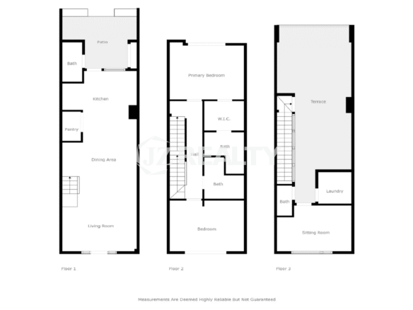 Floor plan for Porta al Sole Unit 8, detailing the Living Room, Kitchen, Dining Area, 2 Bedrooms, and Terraces across three floors.