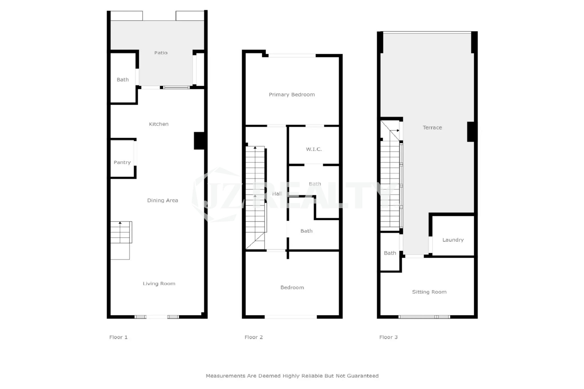 Floor plan for Porta al Sole Unit 8, detailing the Living Room, Kitchen, Dining Area, 2 Bedrooms, and Terraces across three floors.
