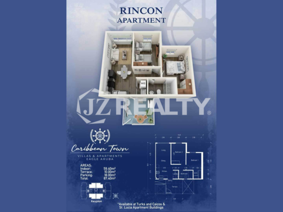 Condo 348 Caribbean Town Phase II Rincon 2-bedroom apartment brochure featuring the interior design, living area, and floor plan details
