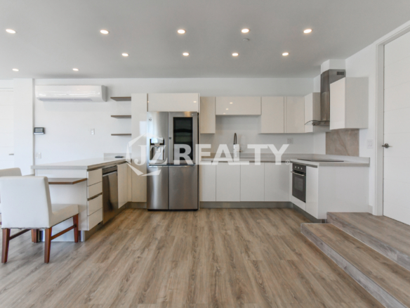 Contemporary open-concept kitchen with stainless steel appliances in Condo 1H, Coral Shell Condominium, Aruba.