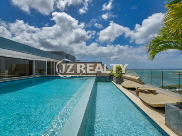 Oceanfront infinity pool at Coral Shell Penthouse B, featuring panoramic views and an exclusive poolside retreat.