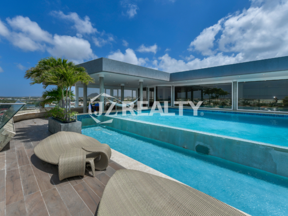 Private rooftop pool at Coral Shell Oceanfront Penthouse B in Aruba, offering a tranquil escape with stunning island views.
