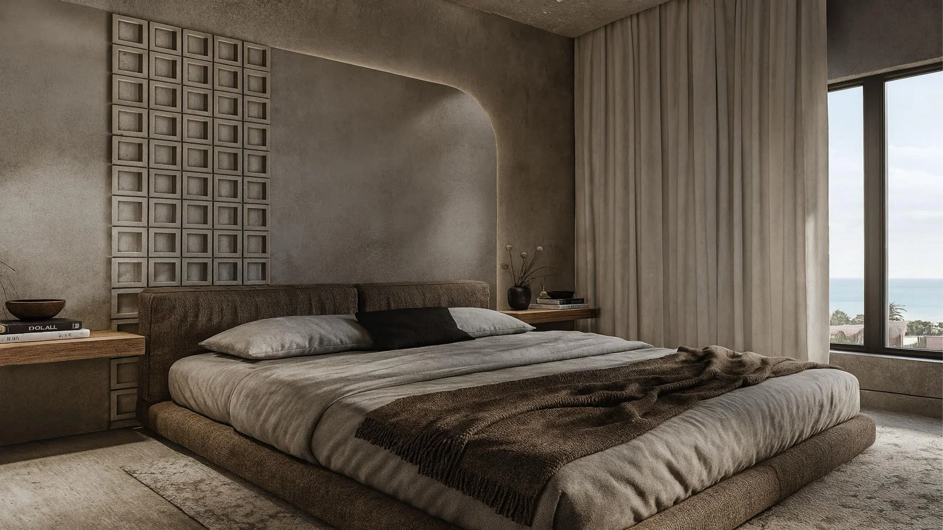 L’Aquila Residences bedroom rendering with neutral finishes and ocean views near Eagle Beach, Aruba.
