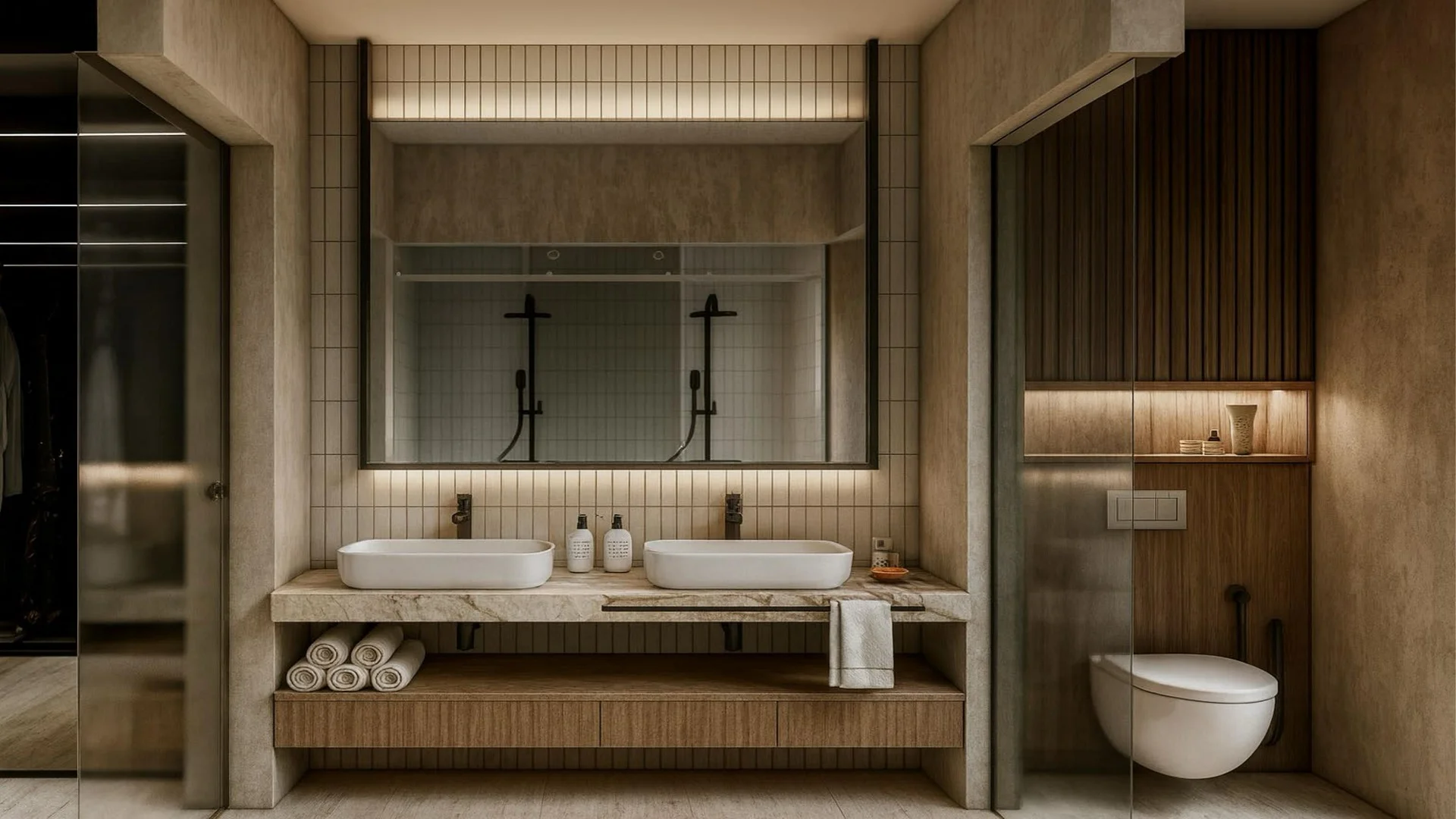 L’Aquila Residences bathroom rendering with double sinks, large mirror, and separate toilet area near Eagle Beach, Aruba.
