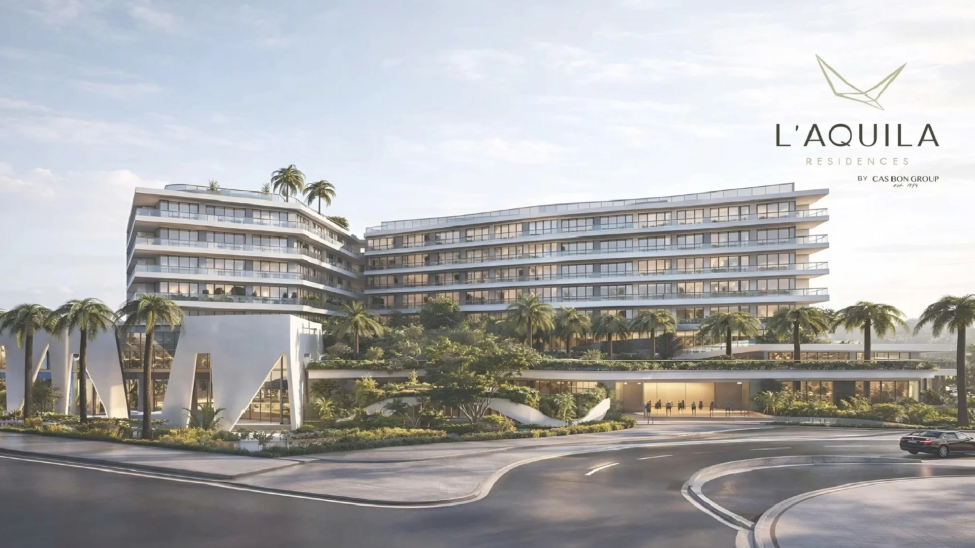 Exterior architectural rendering of L’Aquila Residences condominiums at Eagle Beach, Aruba.