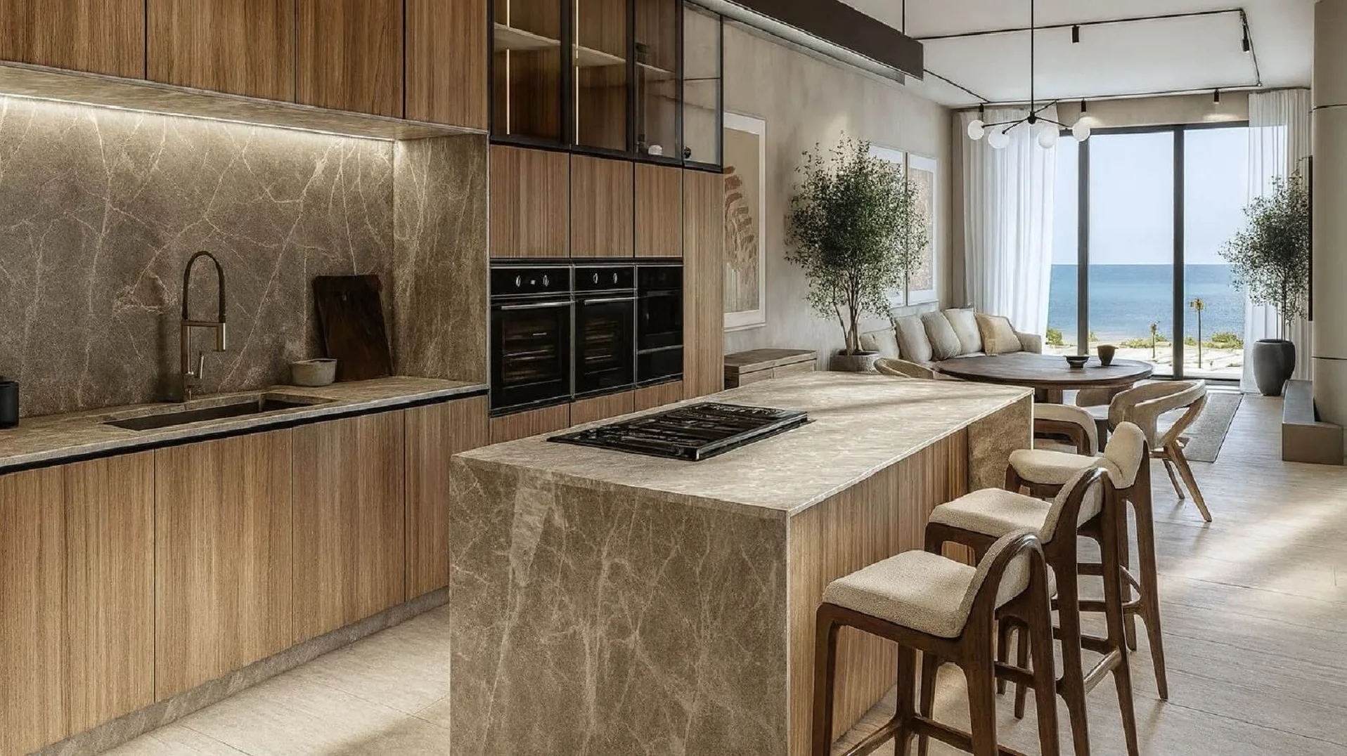 L’Aquila Residences condo kitchen and living area rendering with an ocean view near Eagle Beach, Aruba.