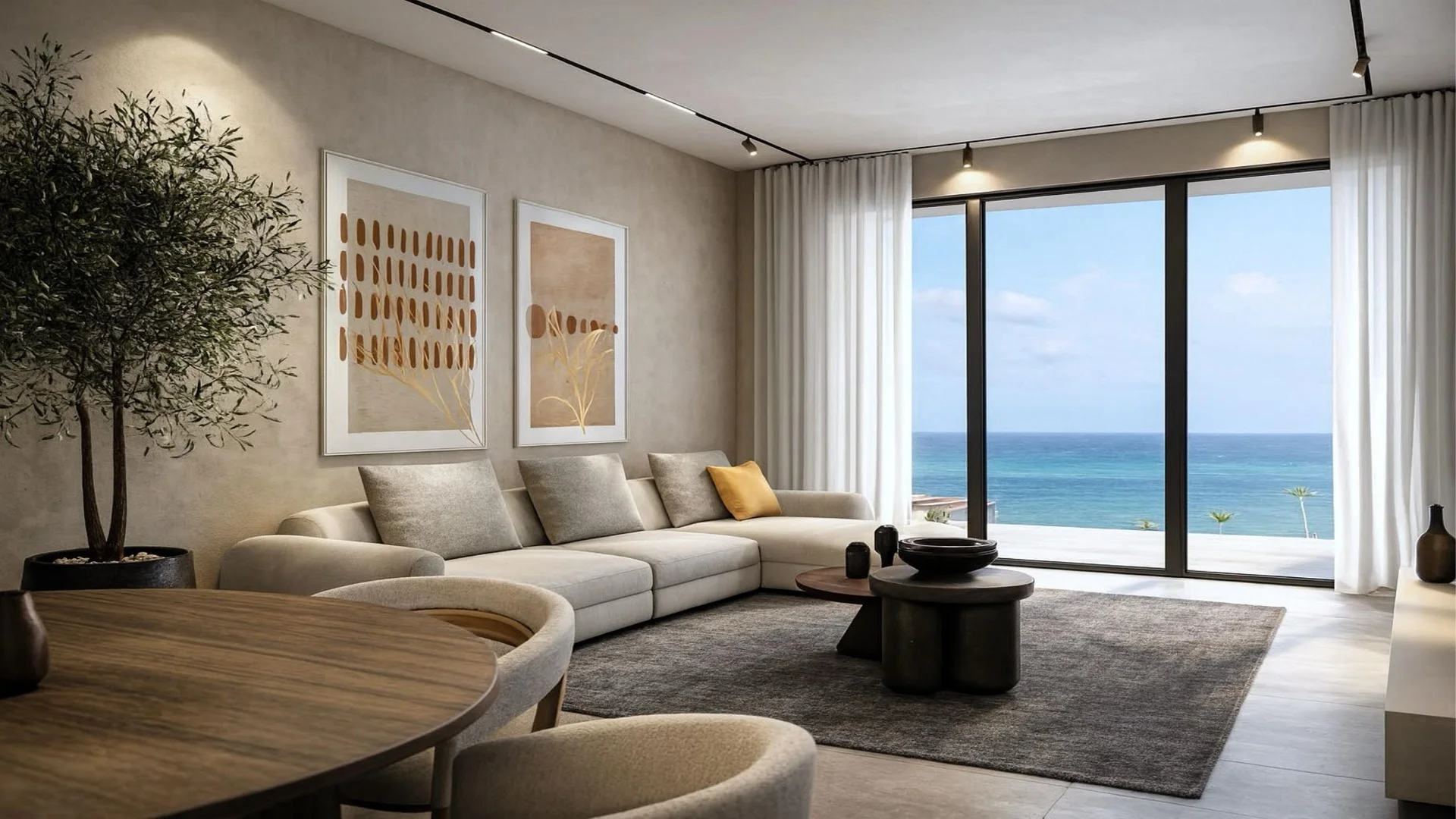 L’Aquila Residences condo living room rendering with large windows and an ocean view at Eagle Beach, Aruba.