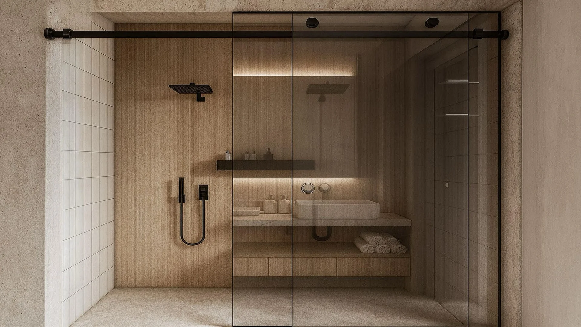 L’Aquila Residences bathroom rendering with glass-enclosed shower and vanity near Eagle Beach, Aruba.