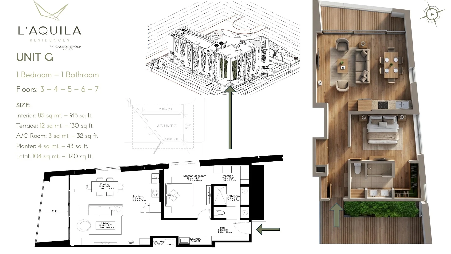 L’Aquila Residences Unit G floor plan showing a one-bedroom, one-bathroom condo layout at Eagle Beach, Aruba.