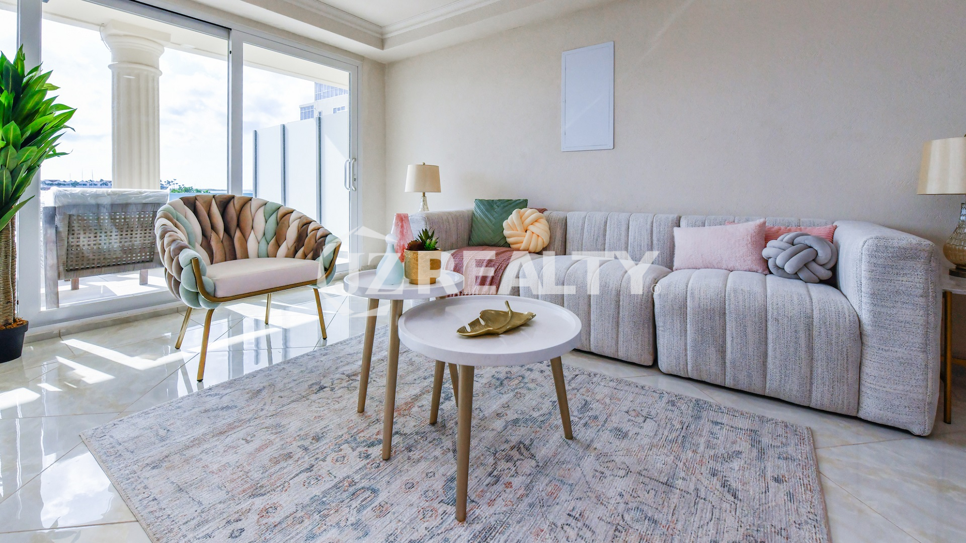 condo 314 designer living room with waterfront views