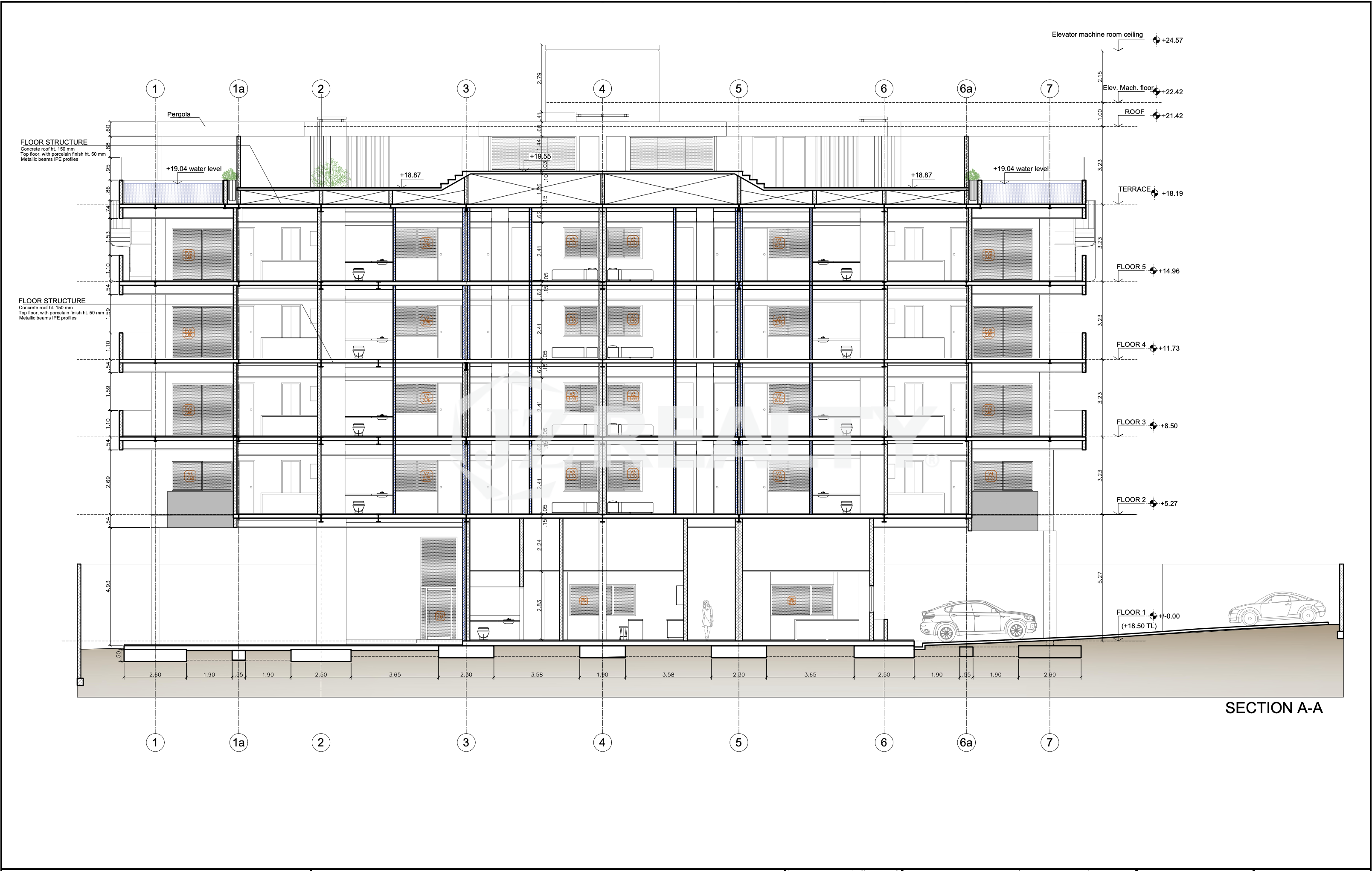 Architectural section A–A of Kukwisa Residences Aruba showing all condominium floors, rooftop terrace, and parking layout near Hato and Ponton Aruba.