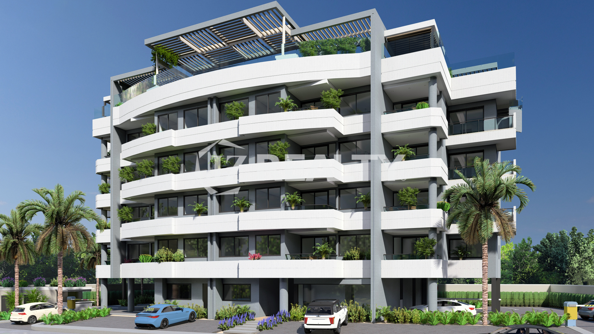 Modern five-story Kukwisa Residences condominium in Ponton near Hato Aruba, offering luxury condos for sale with balconies and urban design.
