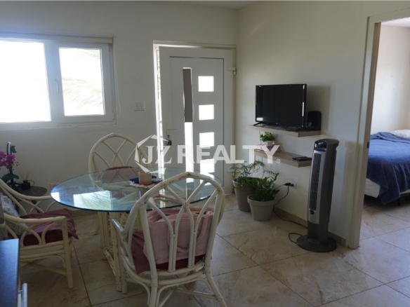 Open living and dining area with wall-mounted TV, plants and tiled floor.