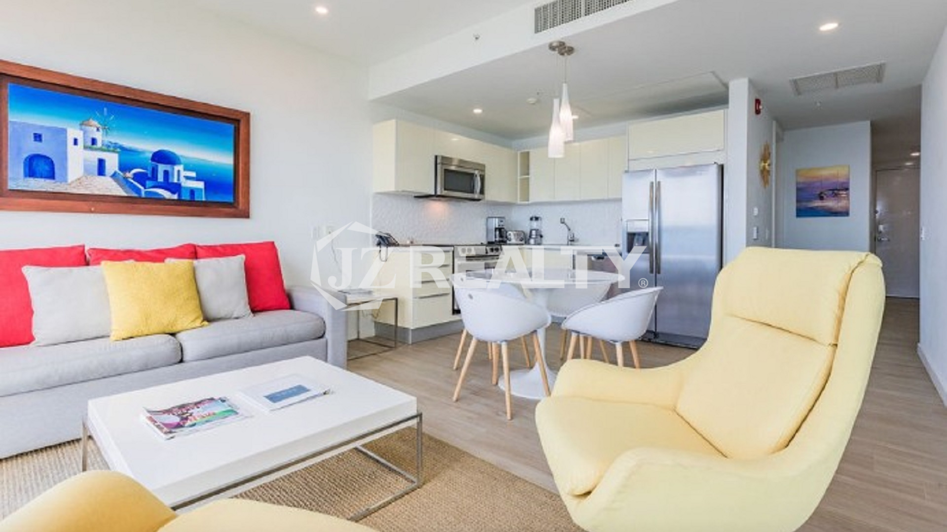 Condo 2-Bedroom Unit Blue Aruba modern living room and kitchen space