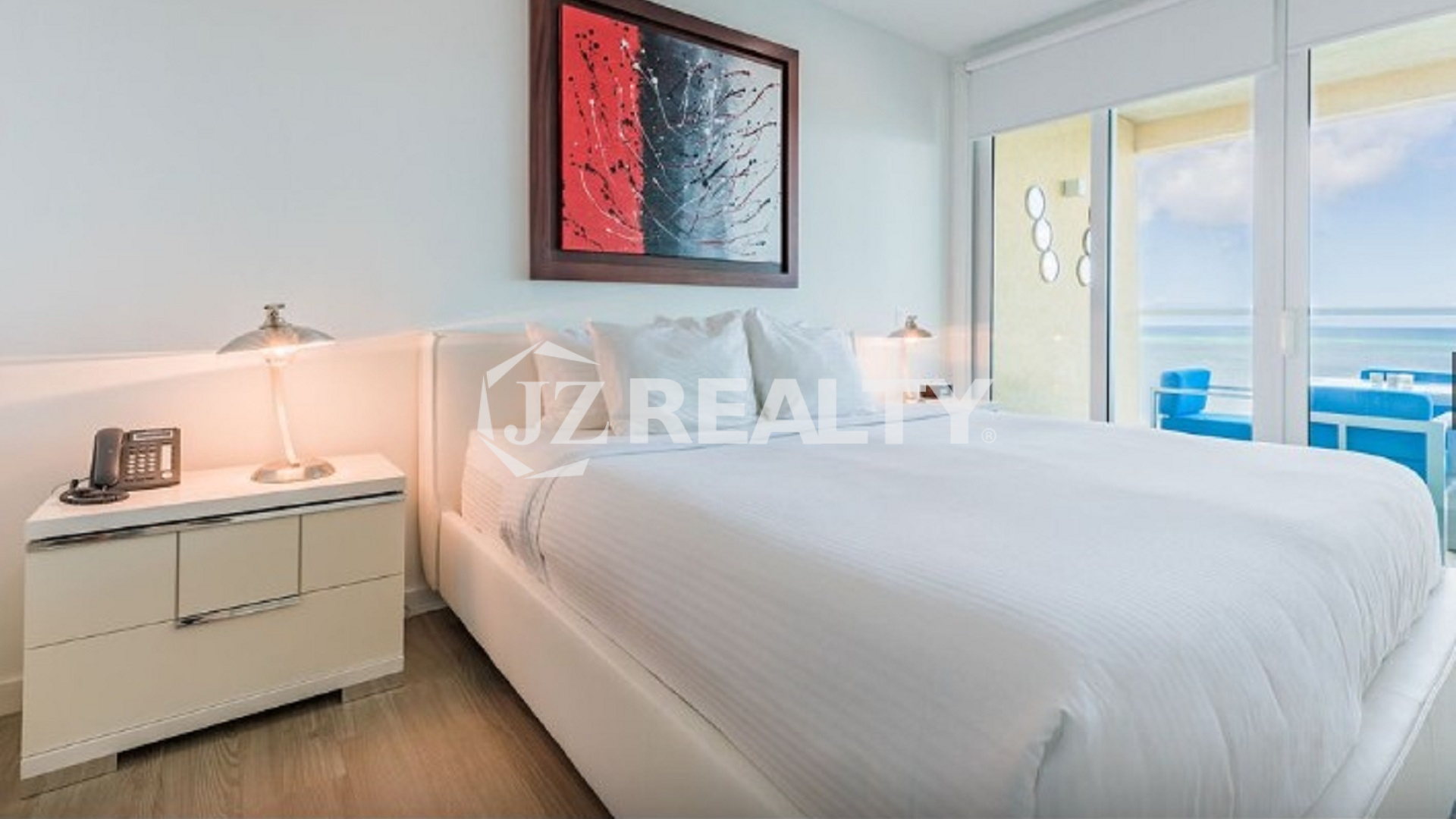 Condo 2-Bedroom Unit Blue Aruba master bedroom with sea view balcony