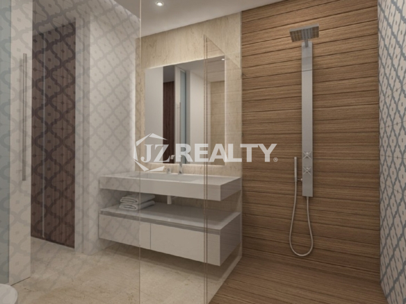 Condo L'Aquila Residences master bathroom featuring walk-in shower and floating vanity