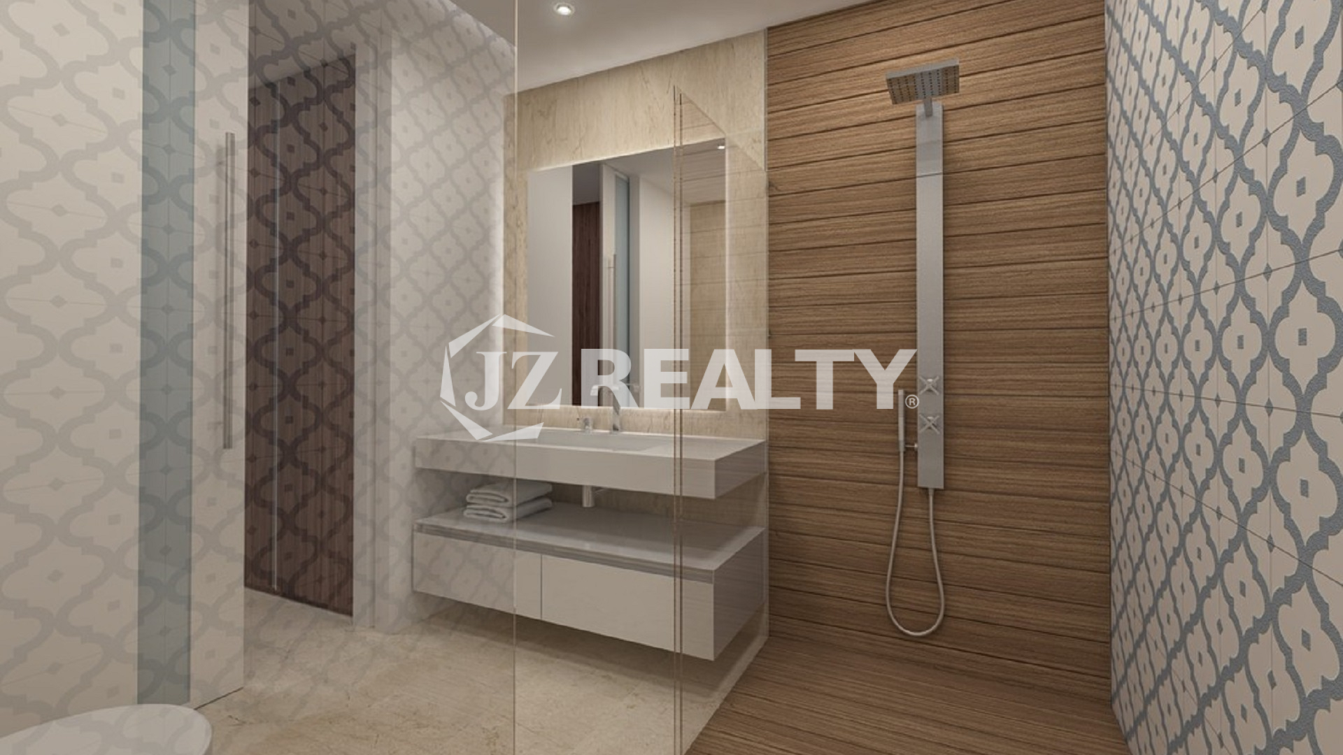 Condo L'Aquila Residences master bathroom featuring walk-in shower and floating vanity