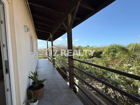 Outdoor walkway with potted plants and railing overlooking lush tropical greenery.