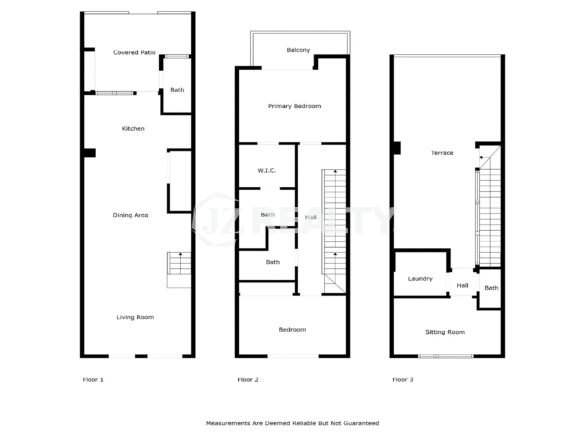Architectural floor plan diagram for Porta al Sole Unit 10, showing the 3-level layout with terrace, laundry, and two bedrooms.