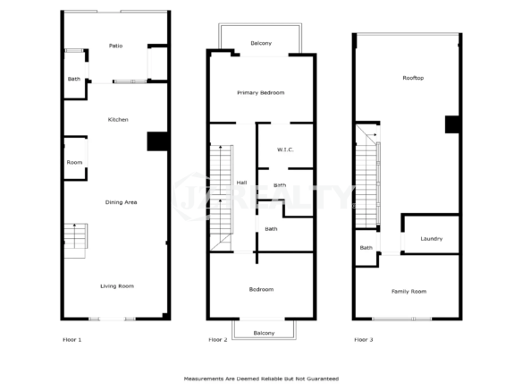 Porta al Sole Unit 11 three-story floor plan showing the layout: Floor 1 (Living, Dining, Kitchen, Patio), Floor 2 (Primary Bedroom, Bedroom, Baths, Walk-in Closet), and Floor 3 (Family Room, Laundry, Rooftop).