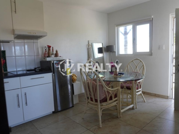 Dining area with glass table and rattan chairs next to kitchen and window in an Aruba apartment.