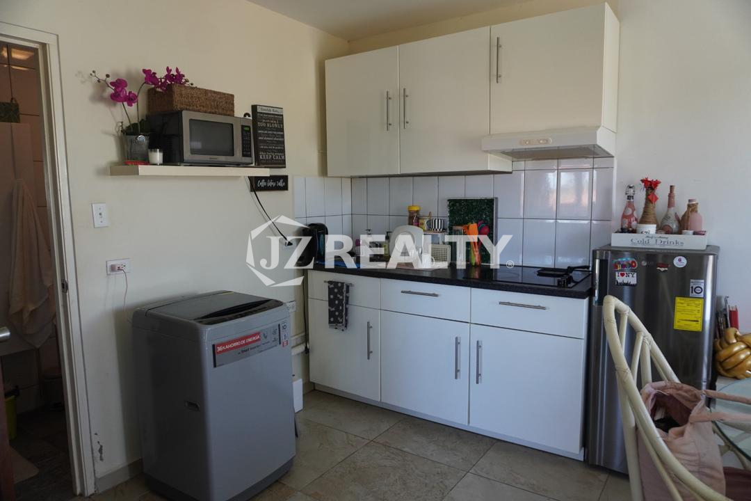 Compact kitchenette with cabinets, sink, washing machine, and refrigerator in an Aruba apartment.