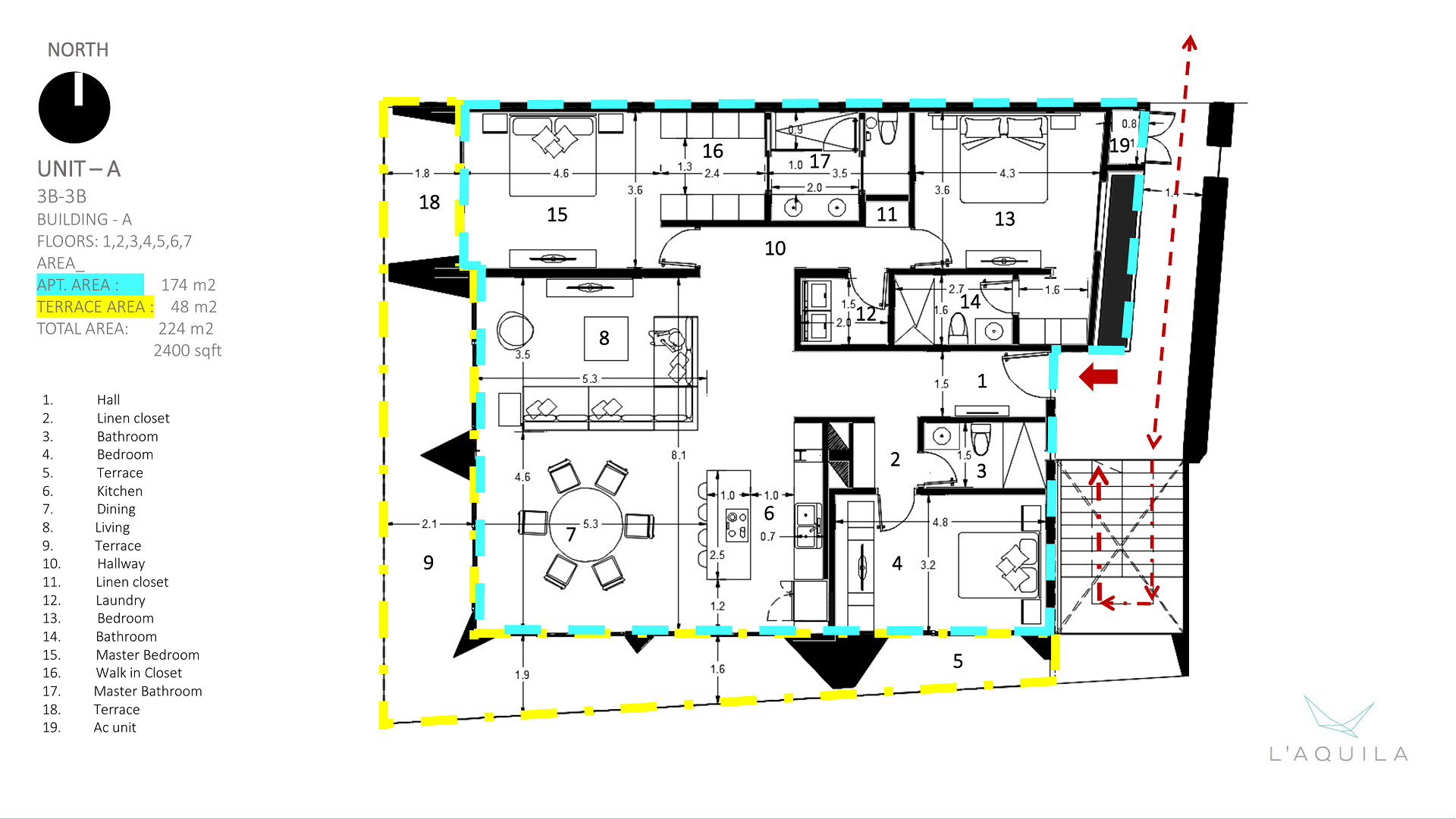 Printed floor plan layout of LAquila Residences Unit A 101 3-bedroom condo in Aruba