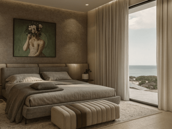 Guest bedroom with bed, artwork, and ocean view window in LAquila Residences Unit A 101 Aruba