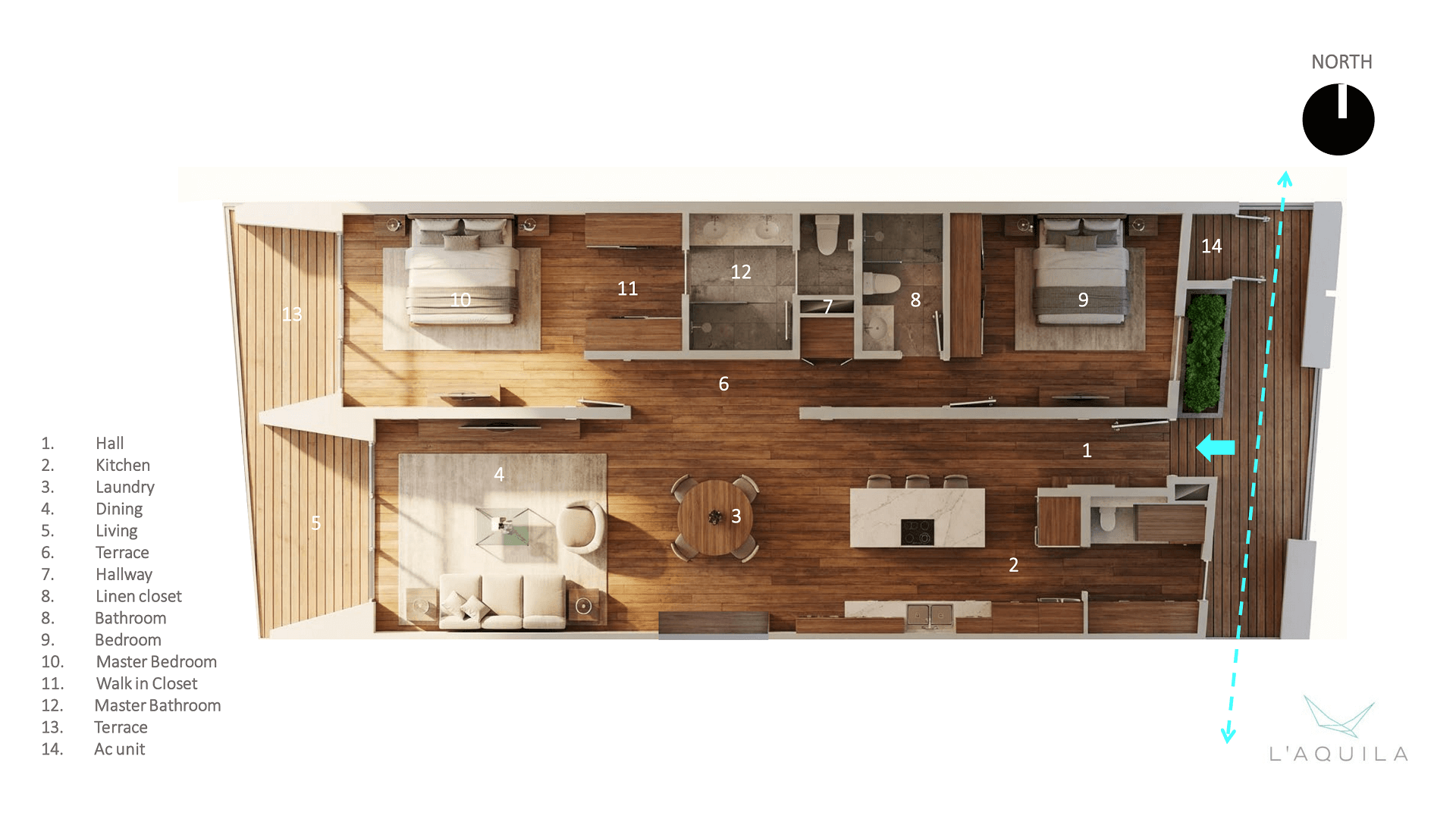 3D floor plan of LAquila Residences Unit B 102 2-bedroom condo in Aruba showing interior layout