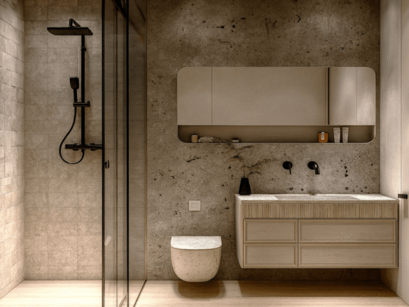 Bathroom with single vanity and walk in shower in LAquila Residences Unit 102 type B condo in Aruba