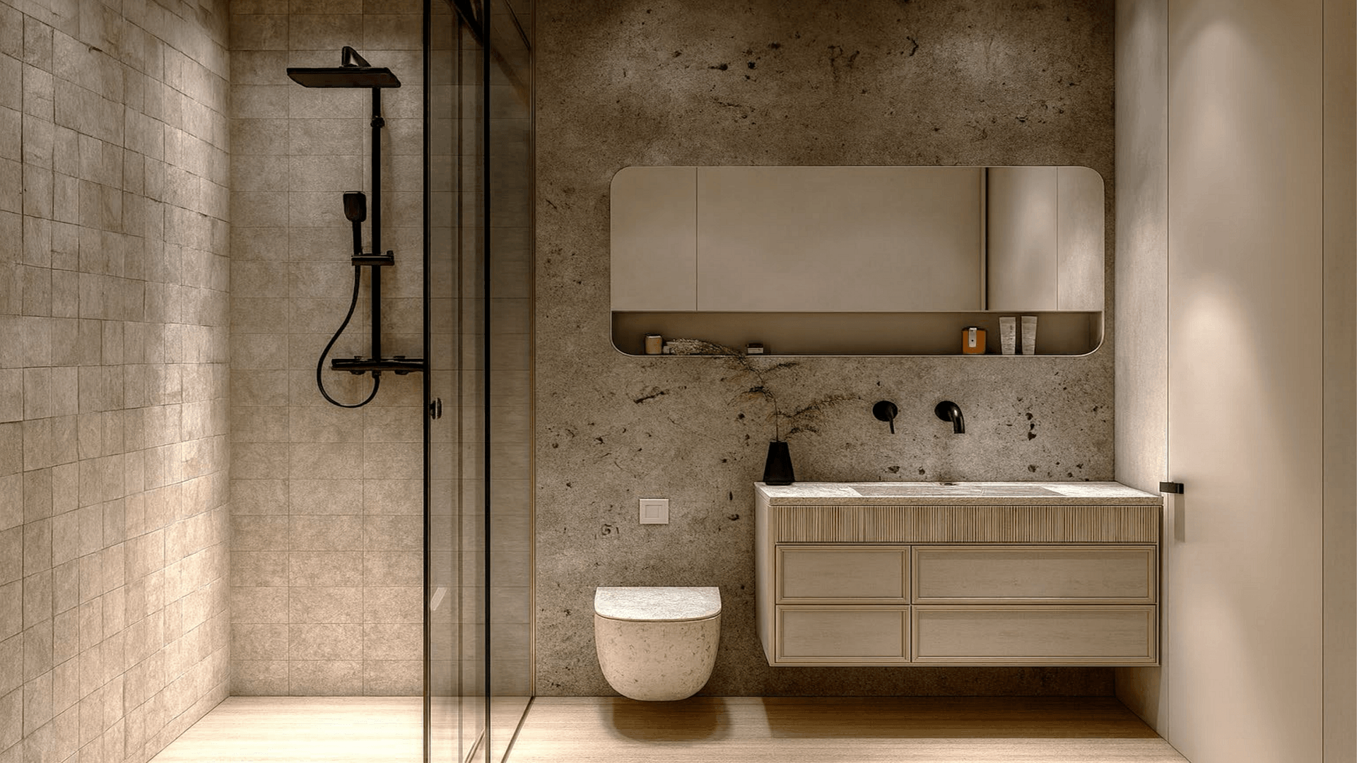 Bathroom with single vanity and walk in shower in LAquila Residences Unit 102 type B condo in Aruba