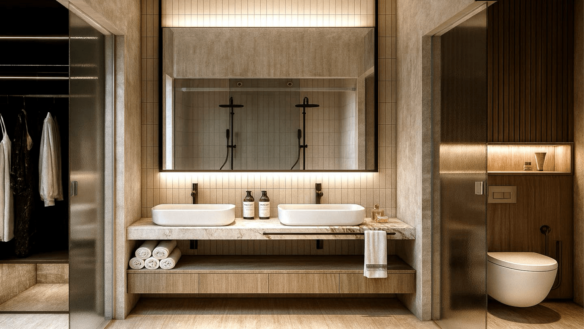 Bathroom with double sink vanity and modern finishes in LAquila Residences Unit 103 type B condo in Aruba