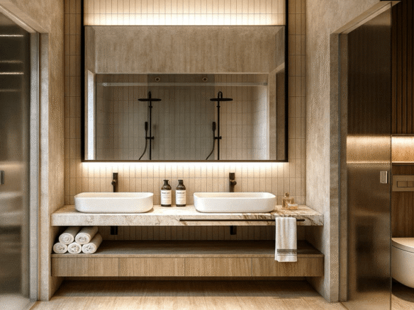 Bathroom with double sink vanity and modern finishes in LAquila Residences Unit 104 type B condo in Aruba