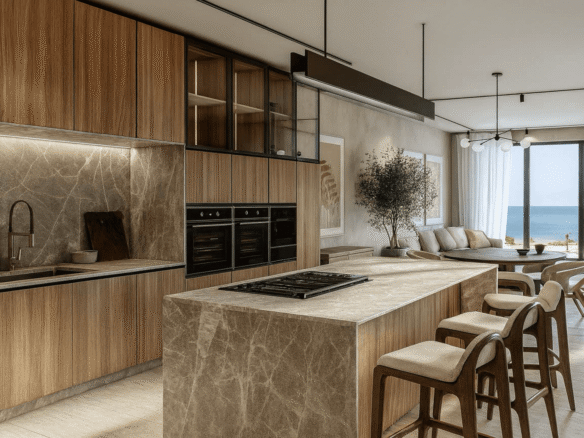 Kitchen with island and dining area in LAquila Residences Unit 104 type B condo in Aruba
