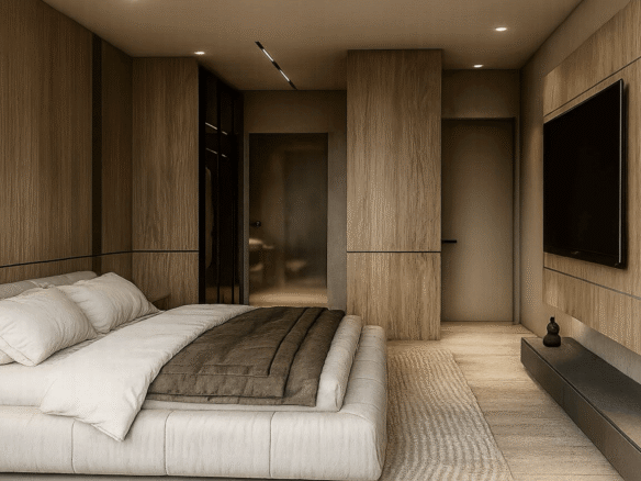 Master bedroom with bed and built in storage in LAquila Residences Unit 104 type B condo in Aruba