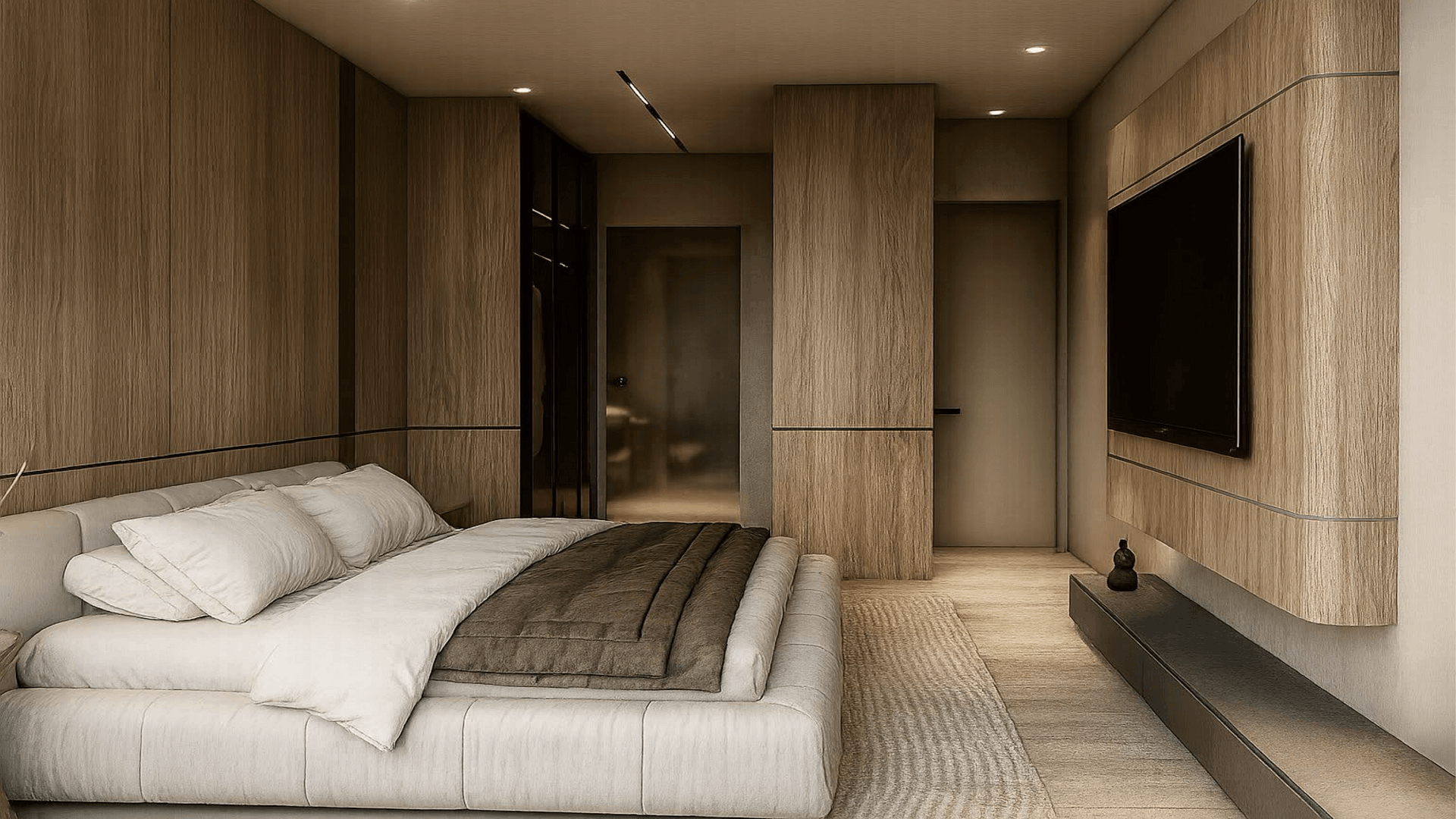 Master bedroom with bed and built in storage in LAquila Residences Unit 104 type B condo in Aruba